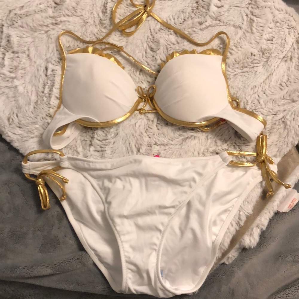 Victoria’s Secret white and gold bathing suit